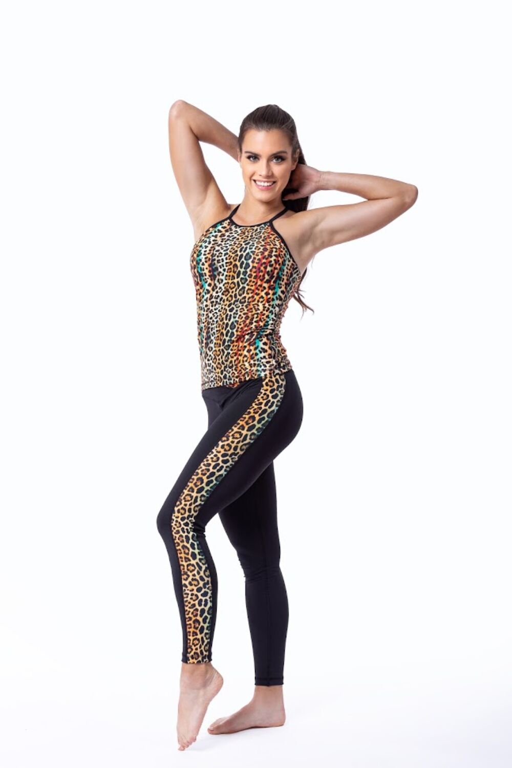 Indi-Go Leopard Yellow fitness leggings csíkkal, 'L'